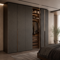 Dressing sur mesure de luxe moderne avec armoire intégrée, rangement de chambre, éclairage LED, porte vitrée et tiroirs en bois pour hôtel