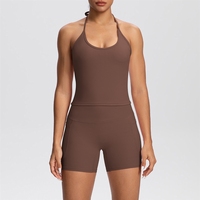 Setelan Yoga Dua Potong Warna Solid dengan Detail Brushed-back, Halter-neck, dan Saku, Termasuk Celana Pendek Olahraga Lari