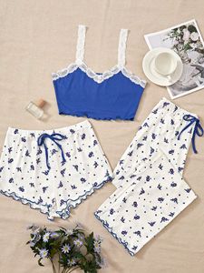 夏季新款爱心印花吊带短裤睡衣套装甜美少女家居服3件套蕾丝套装 - Product Image 3