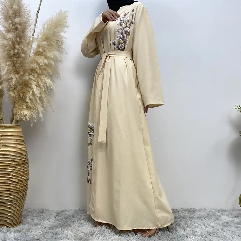 Floral Embroidery Open Cardigan High Quality Fabric Muslim Dubai Islamic Long Open Abaya Dress