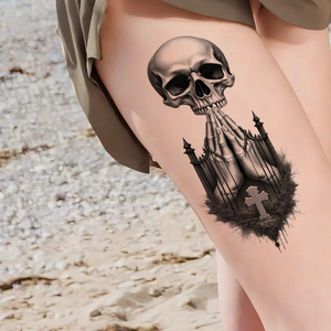 Tatuajes Temporales Realistas <span class=keywords><strong>de</strong></span> Calaveras, Manos en Oración, Lobo, Búho, Grim Reaper, Escorpión y Rosa en Negro y Gris para Adultos - Product Image 6