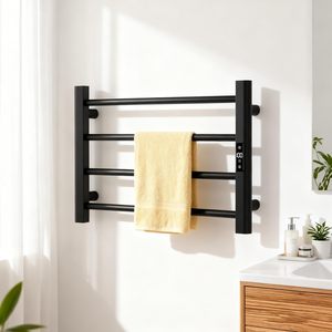 Portasciugamani riscaldato per il bagno, scalda asciugamani a parete, scaldasalviette con schermo a LED, appendiabiti con 4 barre, nero - Product Image 4