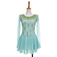 Robe de patinage artistique vert menthe pour enfants et adultes, col rond, manches longues en maille, dos en V orné de strass, pour compétition et spectacle
