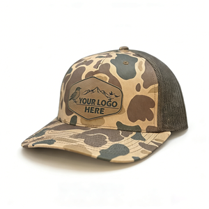 Casquette de golf 5 panneaux personnalisée en cuir camouflage avec logo OEM, imperméable, perforée, à visière plate et filet, style baseball - Product Image 3