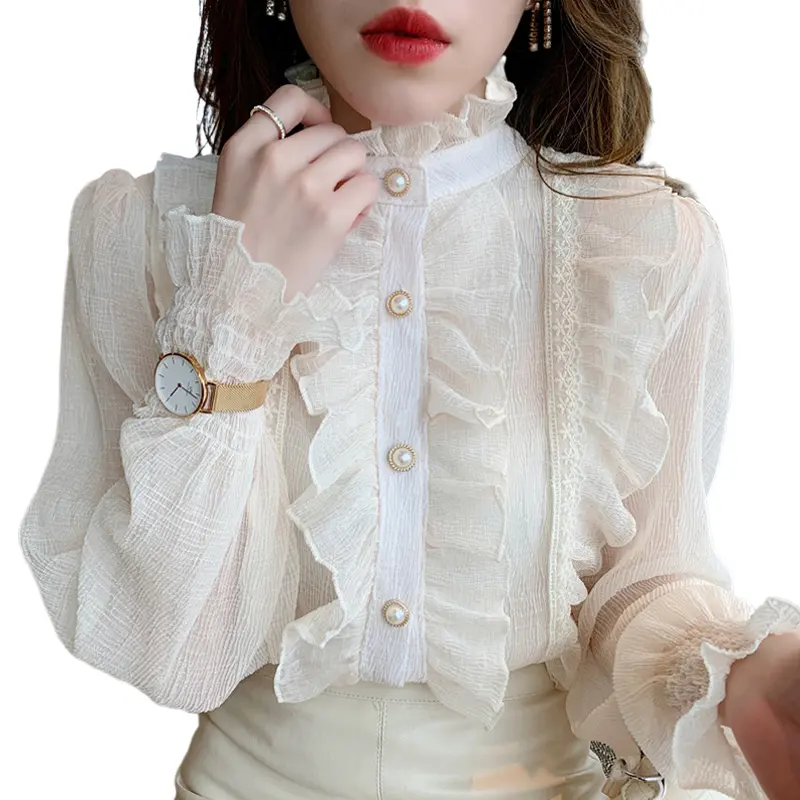 Yüksek kaliteli sonbahar yeni şık uzun kollu bluz kadınlar Casual gevşek beyaz özel üstleri kore dantel fırfır zarif şifon gömlek