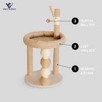 Griffoir multi-niveaux pour chat avec lit annulaire rembourré et tour à griffoir en sisal avec boule suspendue pour chats d'intérieur et chatons