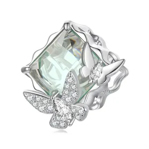 Luxury Jewelry Pendant Charm Platinum Pated CZ Gemstone Diamonds Pave Butterfly Glass Bead Charm for Jewelry Making