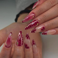 Faux ongles longs en amande à presser, motif serpent dégradé rouge bordeaux et accents de strass, vente en gros