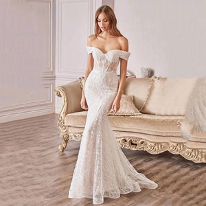 Robes de Soirée Sirène Élégantes Françaises Sur Mesure, Blanc Pur, Épaules Dénudées, Ornées de Perles, de Paillettes et de Dentelle, pour Mariage ou Cérémonie - Product Image 1