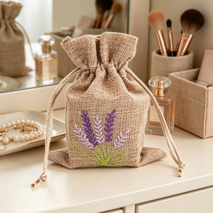 Pochette à cordon avec motif lavande brodé, sachet parfumé en lin pour la maison, bijoux, cadeau, petit rangement d'objets - Product Image 6