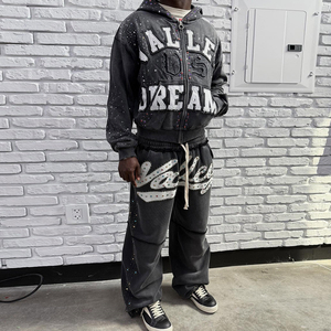 Huili axit rửa dày Bông Áo và Sweatpants người đàn ông tùy chỉnh thêu logo vá hai mảnh Bộ Rhinestone Bộ đồ thể thao - Product Image 3