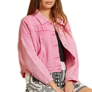 Light Wash Pink Single Button Up Women Autumn Denim Jacket