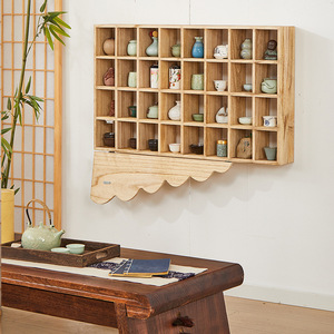 Solid Wood Lattice Shelf Wall Mounted Multi Compartment Display Rack For Teapots Teacups Tea <b>Leaves</b> Storage Living Room - Product Image 2