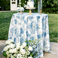 Taplak Meja Bundar Motif Bunga Biru 120 inci, Latar Belakang Putih, Cetakan Botani Vintage, untuk Pernikahan Amerika/Pesta Pernikahan