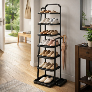 Zapatero metálico de varias capas con soporte para paraguas, tipo vertical, para guardar zapatillas y tacones en el dormitorio, con capacidad para 10-20 pares. - Product Image 1