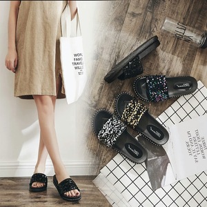 Sandalias de mujer para dama, planas, con punta redonda, de malla china, con cristales, perlas y lentejuelas, pantuflas para mujer, venta al por mayor - Product Image 1