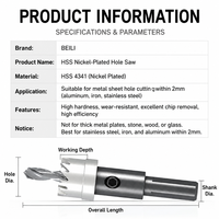 Scie cloche industrielle BEILI HSS 4341 nickelée 16-60 mm pour perçage de tôles fines en acier inoxydable, fer et aluminium