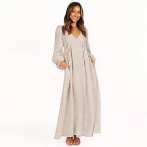 Casual French Ladies Sleeve Summer Pure Boho Long Maxi 100% Linen Dresses For Women