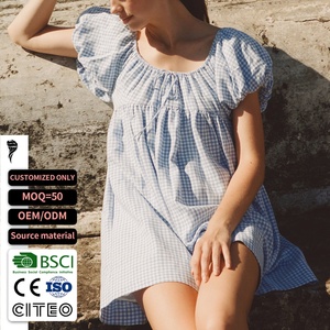 Vestido mini a cuadros para mujer, cuello cuadrado, lazo frontal, manga corta abullonada, corte holgado en A, vestido informal de verano para playa, personalizado - Product Image 1