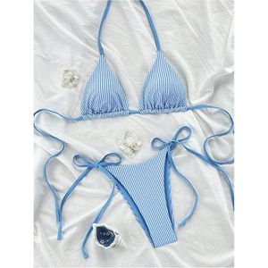RoseSeek Conjunto de bikini a rayas de 2 piezas para mujer, top triangular, parte inferior con cordones, traje de baño - Product Image 3