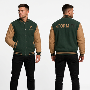Chaqueta Varsity Unisex Personalizada Verde y Marrón con Logotipo Bordado, Informal, de Invierno, Corte Regular, Cuello Alto, Lana, Cuero, Transpirable, Resistente al Viento - Product Image 1