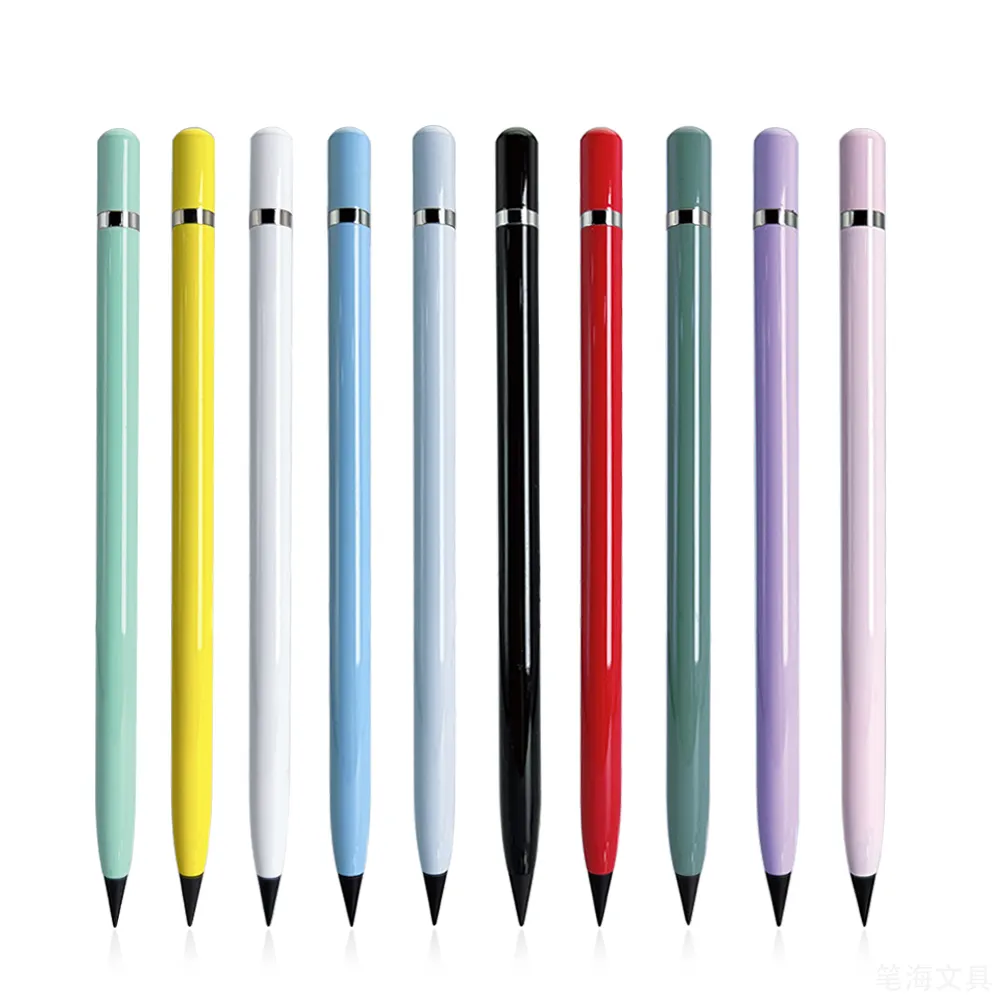 Sıcak satış renkli Metal kolay kullanım dayanıklı mürekkepsiz kalem sonsuz kalem yazma çizim ebedi kalem Can özel Logo