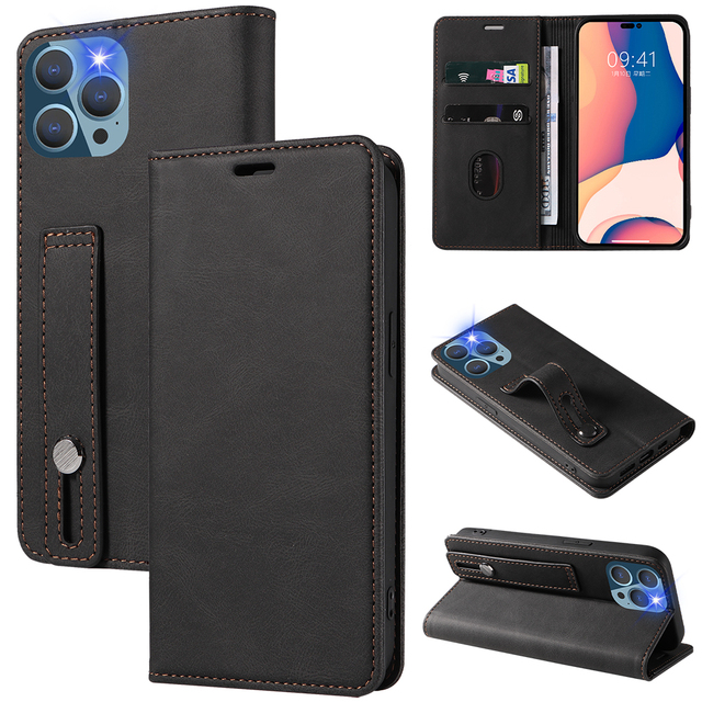 Magnetic PU Leather Flip Book Phone Case for Samsung Galaxy S24 Ultra Wallet Case With Card Holder and Wrist Strap and Stand