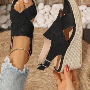 Women Summer European and American Style Hemp Rope Bottom Cross Strap Wedge Sandals Thick Sole Platform Hollow Roman Sandals - Product Image 3