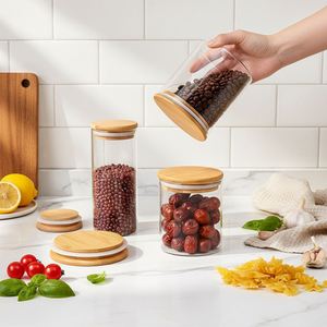 Clear Borosilicate 500ml Glass <b>Storage</b> Jars With Airtight Bamboo Lid Stackable Food Containers for Kitchen Pantry Organization - Product Image 1