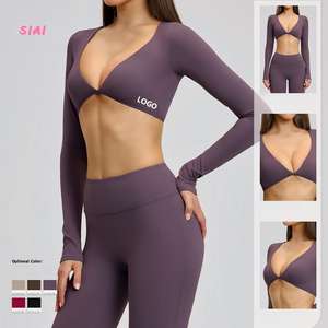 Nouveau T-shirt de sport pour femme, sexy, à col en V profond, coupe ajustée, respirant, ultra-doux, léger, uni, à manches longues, coupe courte devant - Product Image 1