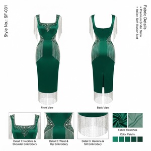 <b>Emerald</b> Green Midi Sheath <b>Dress</b> with Crystal Fringe Shoulder Detail and Embellished Waist Design for Elegant Evening Party - Product Image 1