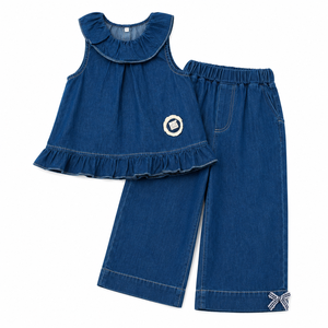 MZJ Set 2 Pezzi in Denim <span class=keywords><strong>per</strong></span> Ragazze, 100% Cotone, Top Senza Maniche con Colletto a Volant, <span class=keywords><strong>Pantaloni</strong></span> a Gamba Larga con Elastico in Vita, Orlo con Fiocco, Elegante - Product Image 1
