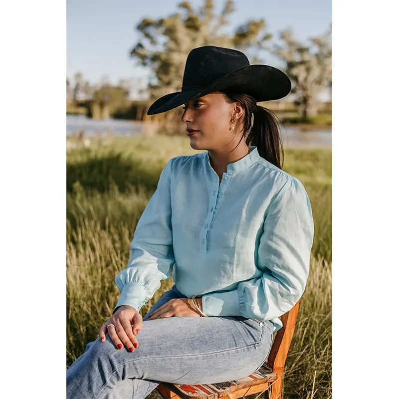 Camisa de arena de lino de manga larga para mujer, camisa de lino de manga larga azul claro para mujer, blusa de trabajo de campo con botones