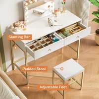Vente en gros de coiffeuse moderne blanche et dorée avec 2 tiroirs, table de maquillage en bois pour chambre à coucher