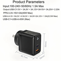 Chargeur GaN 45W A+C OEM d'usine, certification SAA, prise AU, charge rapide PD, adaptateur de voyage portable pour iPhone Samsung