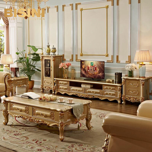 Tavolino da Caffè in Rovere Massiccio Intagliato a Mano con Decorazioni Neoclassiche Europee e Accenti in <span class=keywords><strong>Foglia</strong></span> d'<span class=keywords><strong>Oro</strong></span>, Mobile TV per Villa - Product Image 1