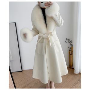 Inverno Cashmere lana pelliccia cappotto di volpe stile lungo bianco capispalla di lusso cintura Alpaca cappotto donna con vera pelliccia di animale <span class=keywords><strong>Trim</strong></span> - Product Image 1