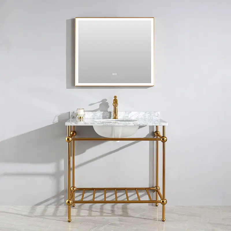 大理石のテーブルが付いているステンレス鋼フレームの洗面所の現代浴室の洗面化粧台のキャビネット