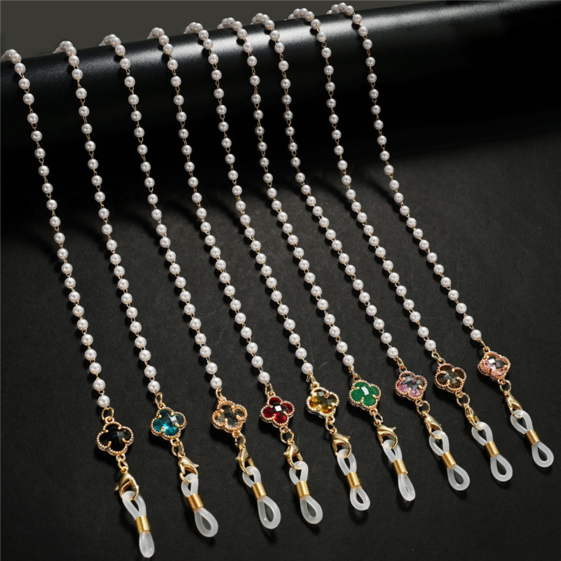 Модная позолоченная Хрустальная подвесная цепочка на шею Противоударная цепочка для солнцезащитных очков 4 мм Стеклянная цепочка для очков с жемчугом и четырехлистным клевером