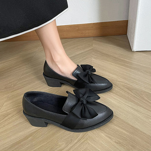 Thick Heel Plus Size Pointed Toe Bows British Style Small Leather Shoes for Women Spring Slip-on Single Mid Heel - Product Image 1