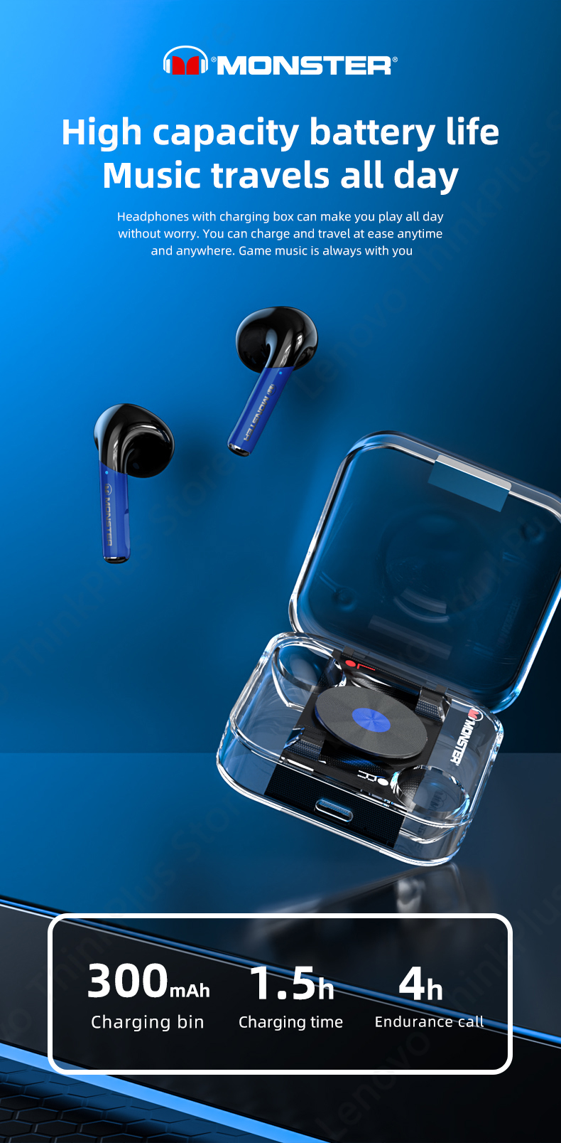 Monster Airmars XKT01 Wireless Blue tooth 5.2 Earphone TWS HiFi Music Wireless Headphones With Mic 300mAh Stereo in-Ear Earphone