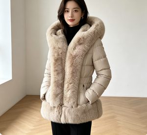 Winter Casual Hooded Big Fur Trim Slim <strong>Waist</strong> Short Windproof Fluffy Logo Woven Polyester Filled <strong>Coat</strong> <strong>for</strong> <strong>Women</strong> - Product Image 2