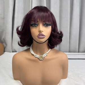 Promotion 42$ Letsfly Perruques SDD en cheveux vierges bruts 12A, bouclées et lâches, avec dentelle 1x3 et frange # 99J, # 4, Couleur naturelle 12 pouces - Product Image 1