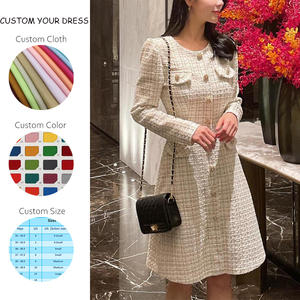 Personnalisé Automne Hiver Décontracté Vintage Couleur Unie Col Ras Du Cou A-ligne Bouton Poches Mini Manches Longues Femmes Tweed <span class=keywords><strong>Robe</strong></span> Blanc Élégant - Product Image 2