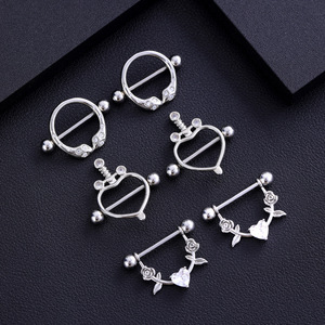 Anneaux de mamelon hypoallergéniques Chic pour femmes en acier inoxydable 316L coeur fleur CZ haltère Nipplerings Piercing bijoux - Product Image 2