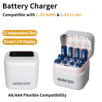 Solution de charge intelligente à 12 emplacements pour piles rechargeables AA et AAA de 1,2 V et 1,5 V avec écran LCD, chargeur rapide pour piles AA AAA