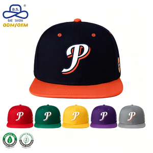 Gorra de Béisbol Personalizada con Logotipo '<span class=keywords><strong>P</strong></span>' Bordado, Bicolor Azul Marino y Naranja, Visera Plana y Cierre a Presión - Product Image 1