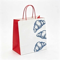 Bolsas de Papel Blancas al por Mayor con Asas Trenzadas Rojas y Diseños de Croissants Azules para Empaque General de Panadería y Cafetería