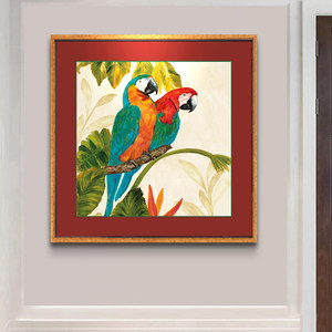 Art décoratif floral et oiseux de style asiatique du Sud-Est : Peinture carrée de perroquet tropical pour la décoration murale de l'entrée d'hôtel - Product Image 4