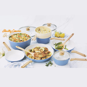 Ensemble de casseroles de haute qualité avec revêtement céramique, compatible gaz et induction, couvercle en verre, passe au lave-vaisselle et au four, poignée en bois douce au toucher - Product Image 5